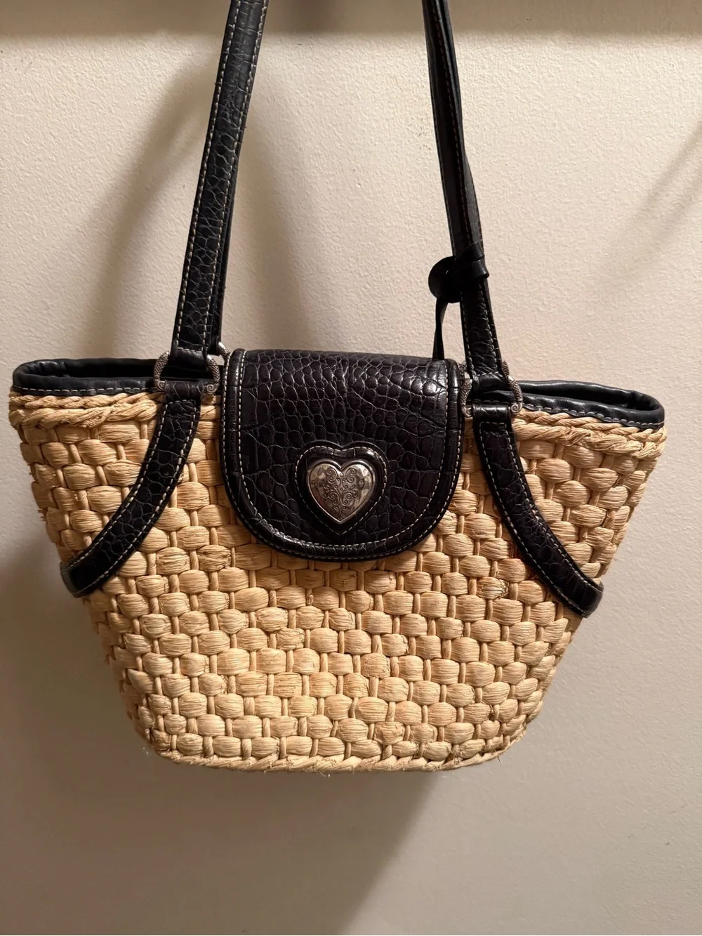 Brighton Natural Straw Tote with Dark Brown Trim and Heart Charm